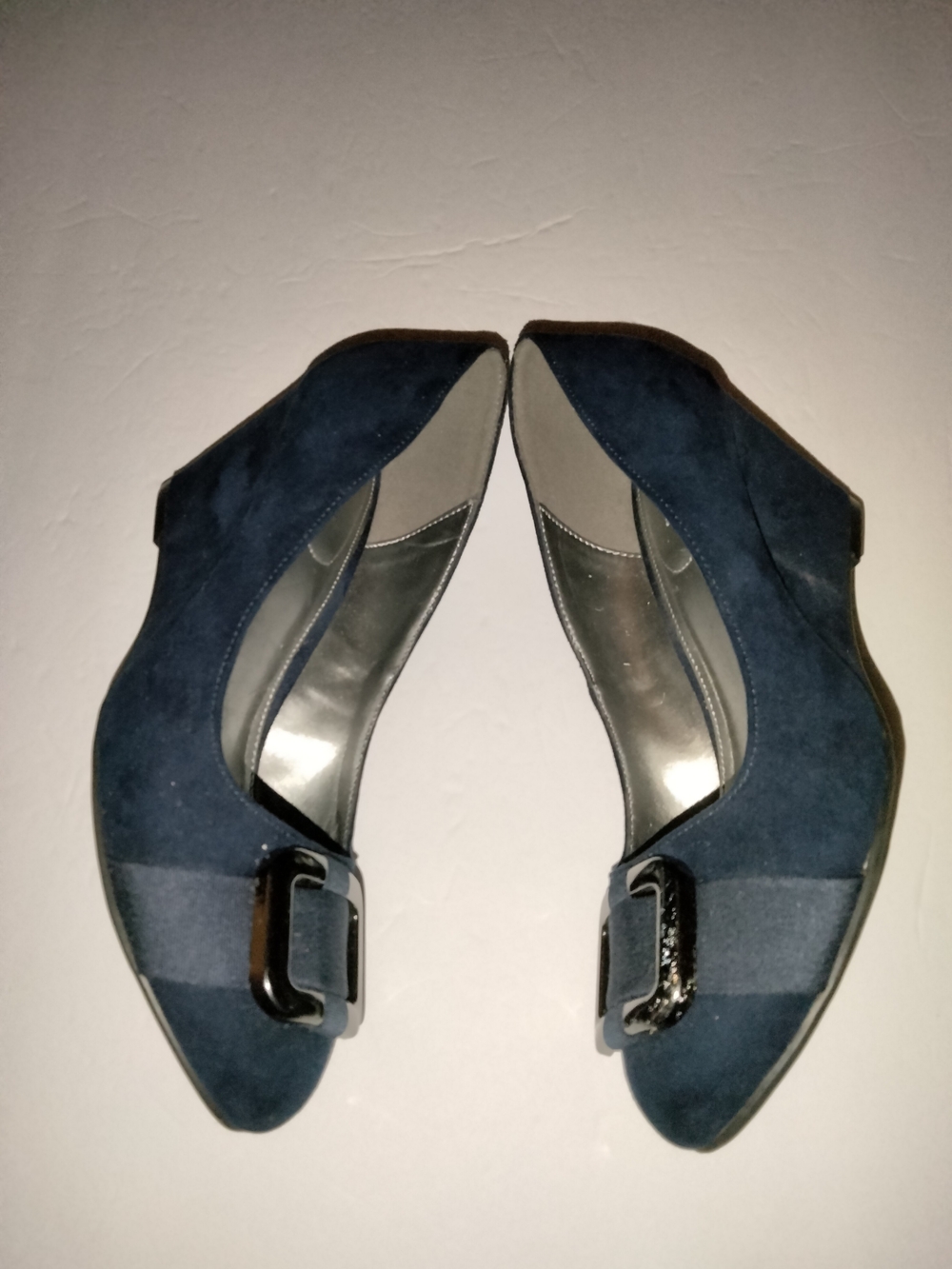 Xappeal (Size 8) Navy Blue Faux Suede Accent Buckle Classic Slip-on Wedge Heels - Picture 4 of 7